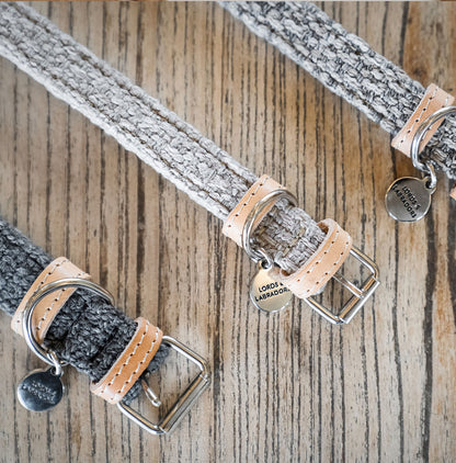 Discover dog walking luxury with our handcrafted Italian dog collar in beautiful sandstone with woven sand fabric! The perfect collar for dogs available now at Lords & Labradors    