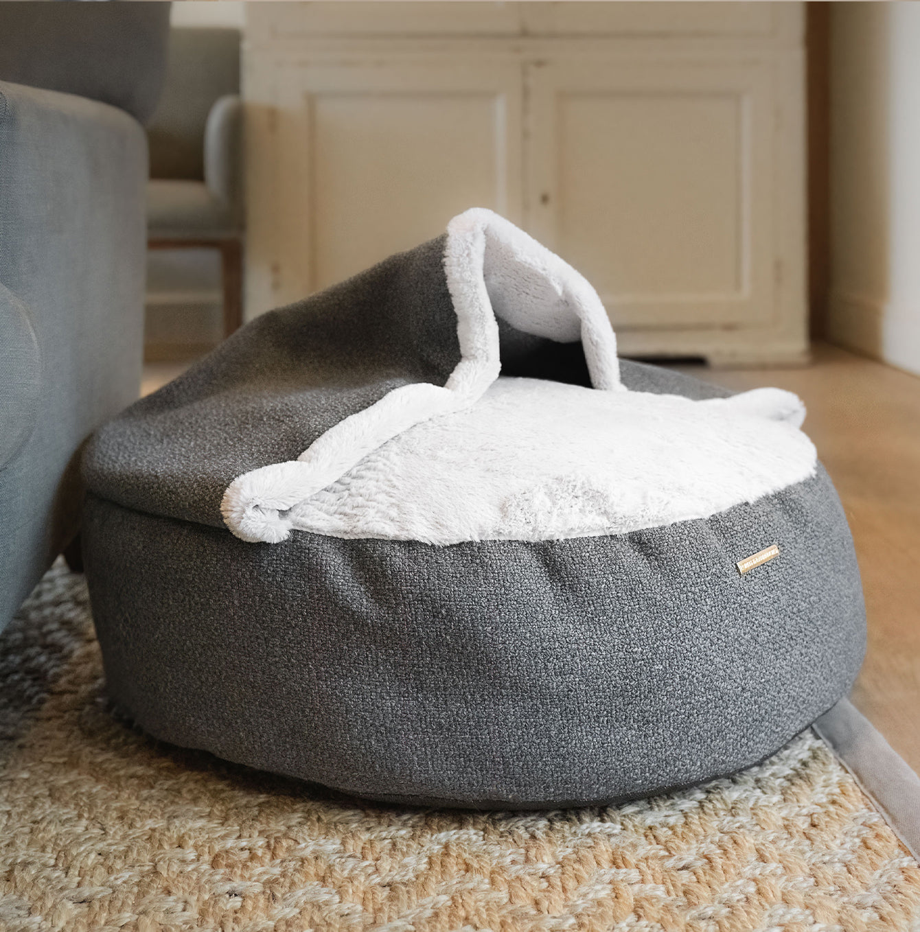 Discover This Luxurious Dog Den, Made Using Beautiful Herdwick Fabric To Craft The Perfect Den For Dogs! In Stunning Graphite, Available Now at Lords & Labradors 