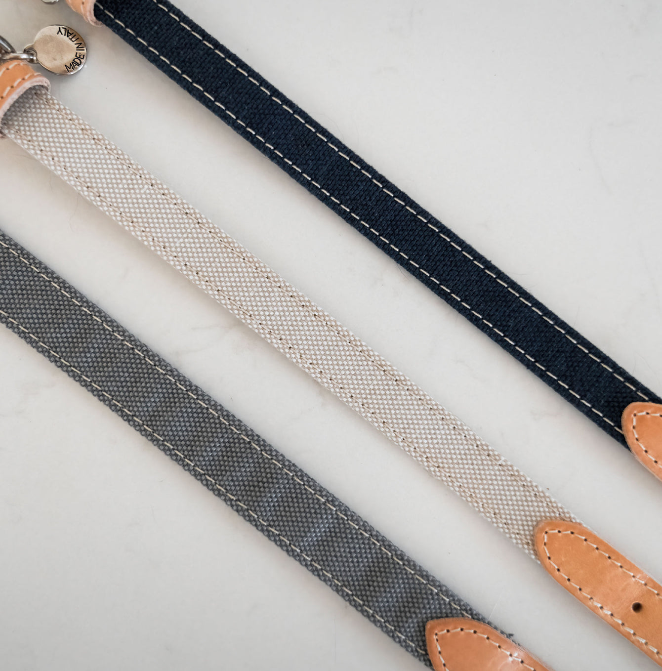 Discover dog walking luxury with our handcrafted Italian dog collar in beautiful essentials twill grey slate with grey fabric! The perfect collar for dogs available now at Lords & Labradors    