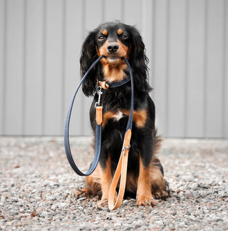 Discover dog walking luxury with our handcrafted Italian dog lead in beautiful essentials twill navy denim with denim blue fabric! The perfect lead for dogs available now at Lords & Labradors 