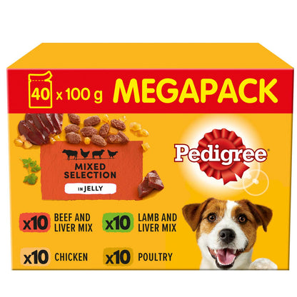 Pedigree Adult Dog Pouches Mixed Selection in Jelly Mega Pack (40x100g)