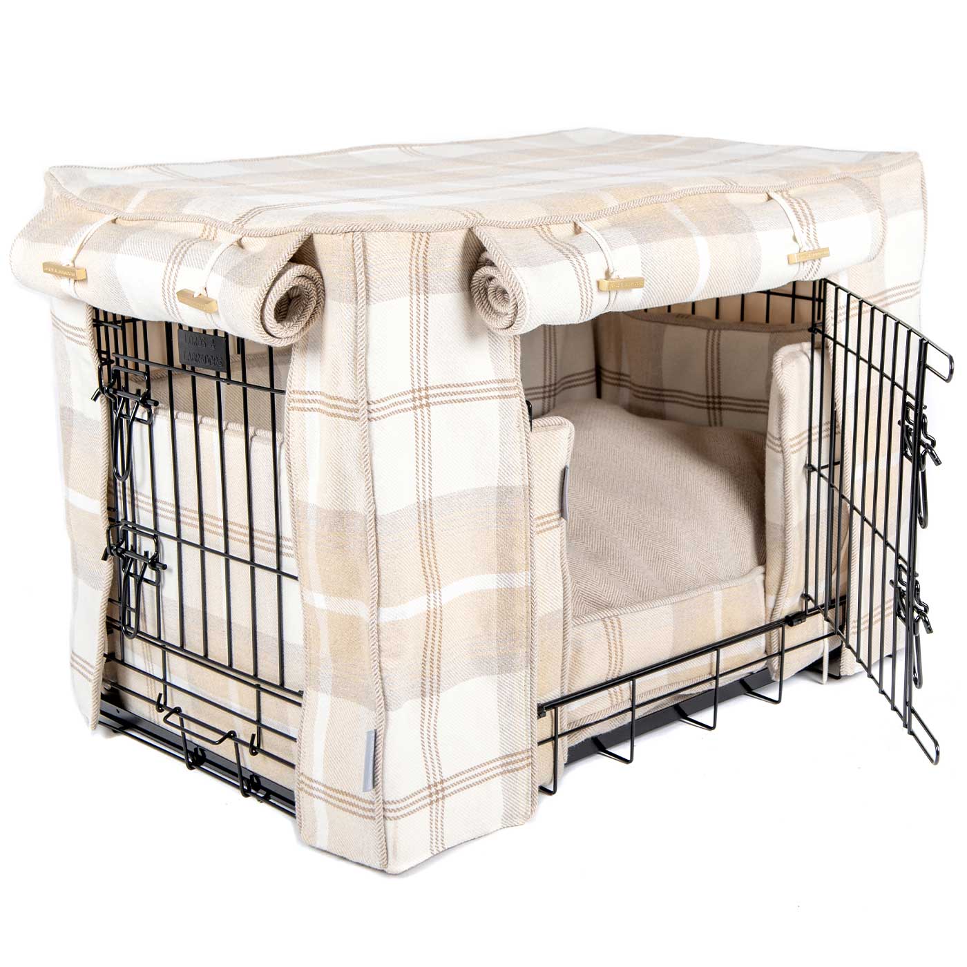 Luxury Heavy Duty Dog Crate, In Stunning Balmoral Natural Tweed Crate Set, The Perfect Dog Crate Set For Building The Ultimate Pet Den! Dog Crate Cover Available To Personalise at Lords & Labradors 