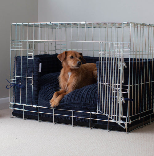 Discover our Luxury Dog Crate Bumper, in Essentials Plush Navy. The Perfect Dog Crate Accessory, Available To Personalise Now at Lords & Labradors