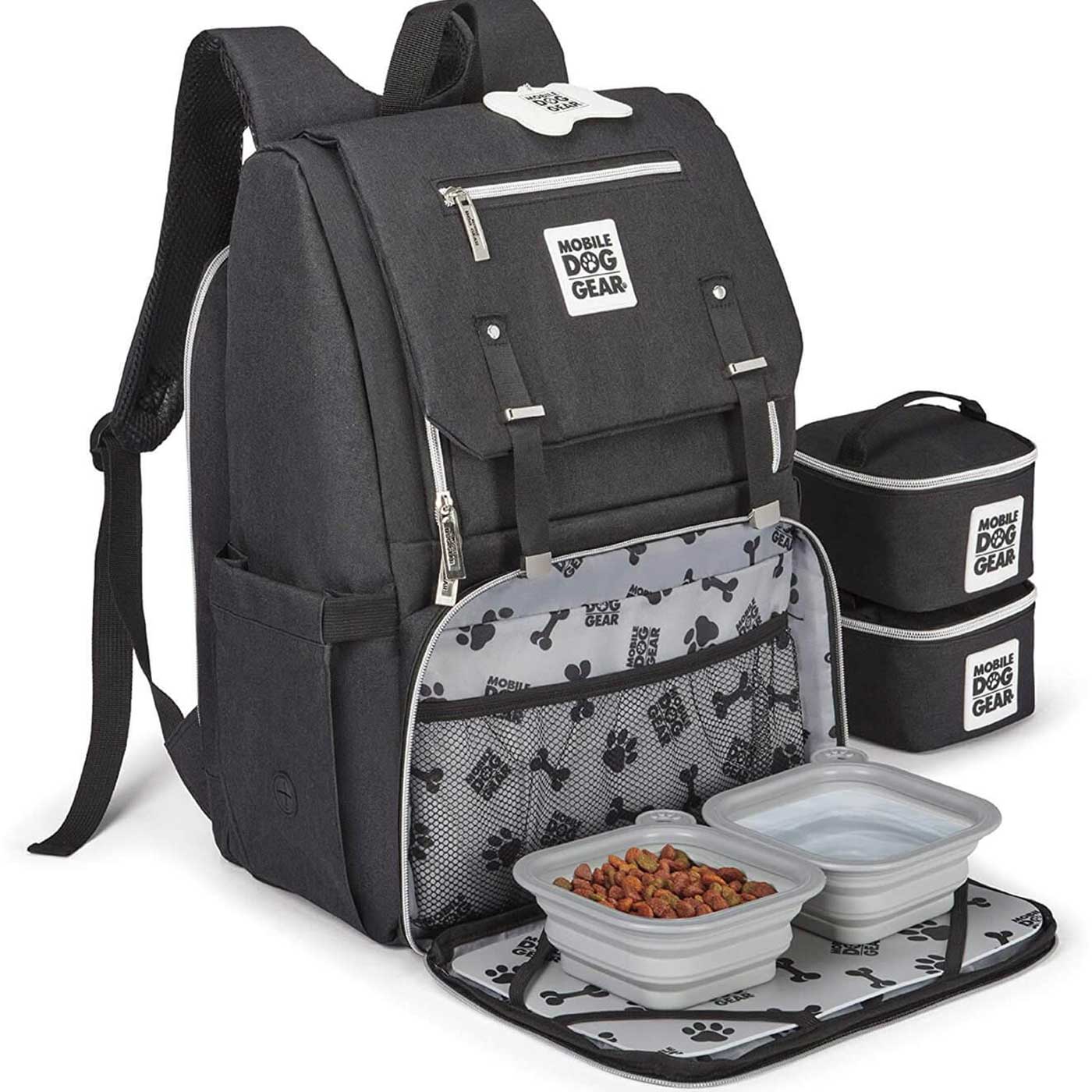 Discover, Mobile Dog Gear Week Away Backpack, in Black. The Perfect Away Bag for any Pet Parent, Featuring dividers to stack food and built in waste bag dispenser. Also Included feeding set, collapsible silicone bowls and placemat! The Perfect Gift For travel, meets airline requirements. Available Now at Lords & Labradors