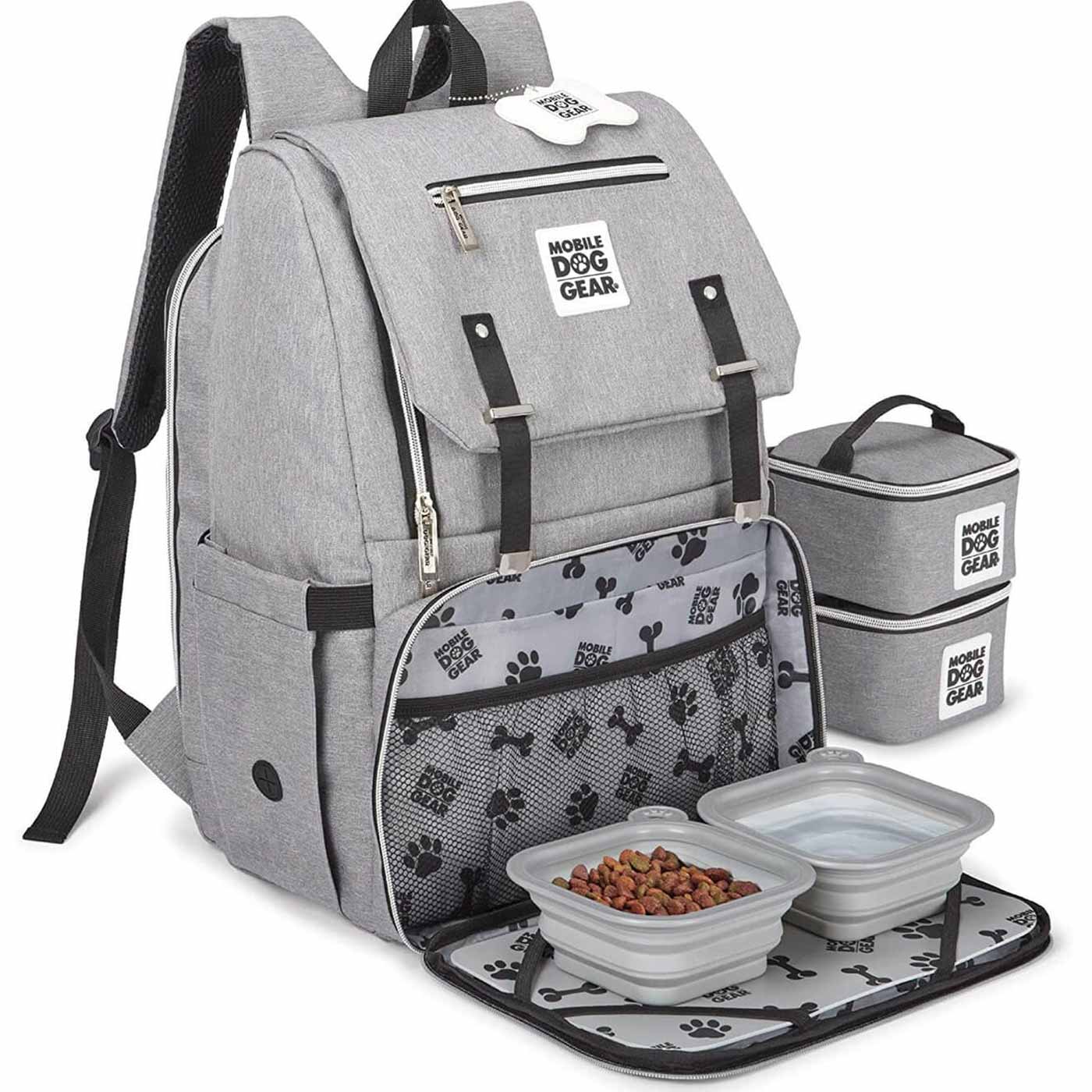 Discover, Mobile Dog Gear Week Away Backpack, in Grey. The Perfect Away Bag for any Pet Parent, Featuring dividers to stack food and built in waste bag dispenser. Also Included feeding set, collapsible silicone bowls and placemat! The Perfect Gift For travel, meets airline requirements. Available Now at Lords & Labradors