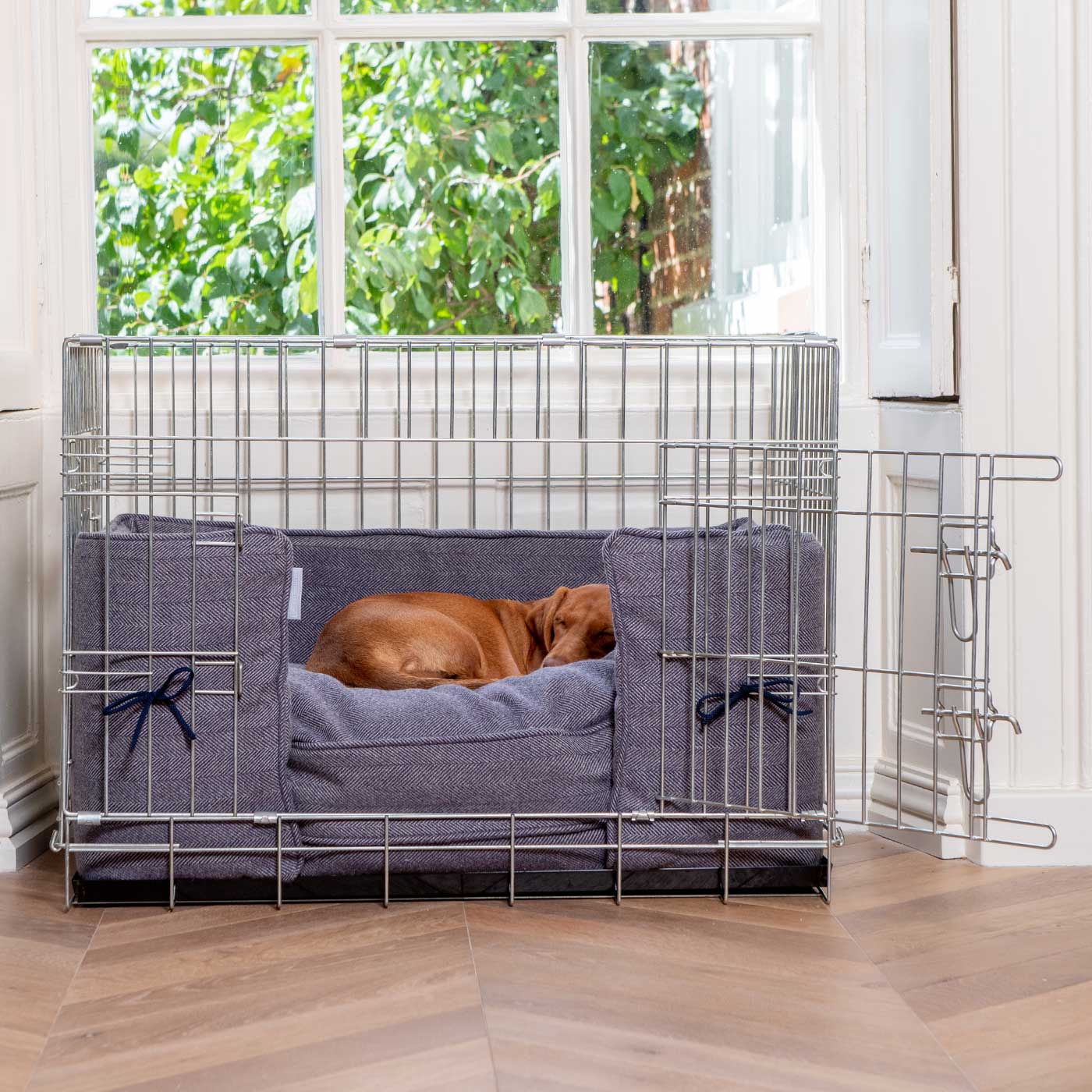 Discover our Luxury Dog Crate Bumper, in Oxford Herringbone. The Perfect Dog Crate Accessory, Available To Personalise Now at Lords & Labradors