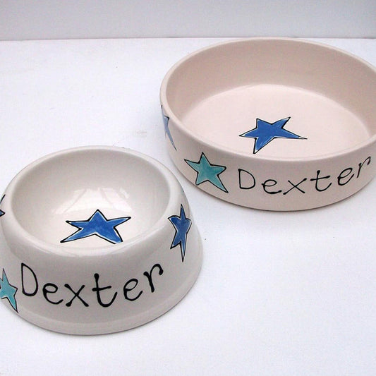 Personalised Dog Bowl Angled - Blue Stars