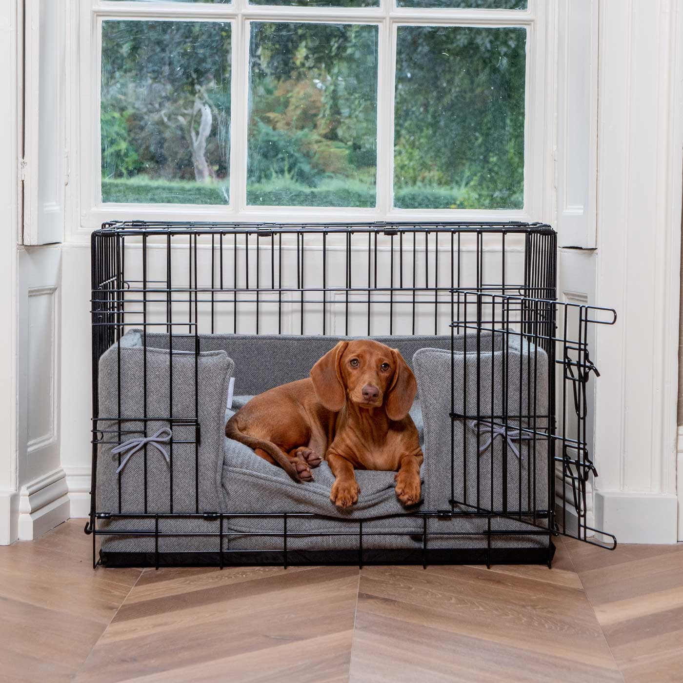 Discover our Luxury Dog Crate Bumper, in Pewter Herringbone. The Perfect Dog Crate Accessory, Available To Personalise Now at Lords & Labradors