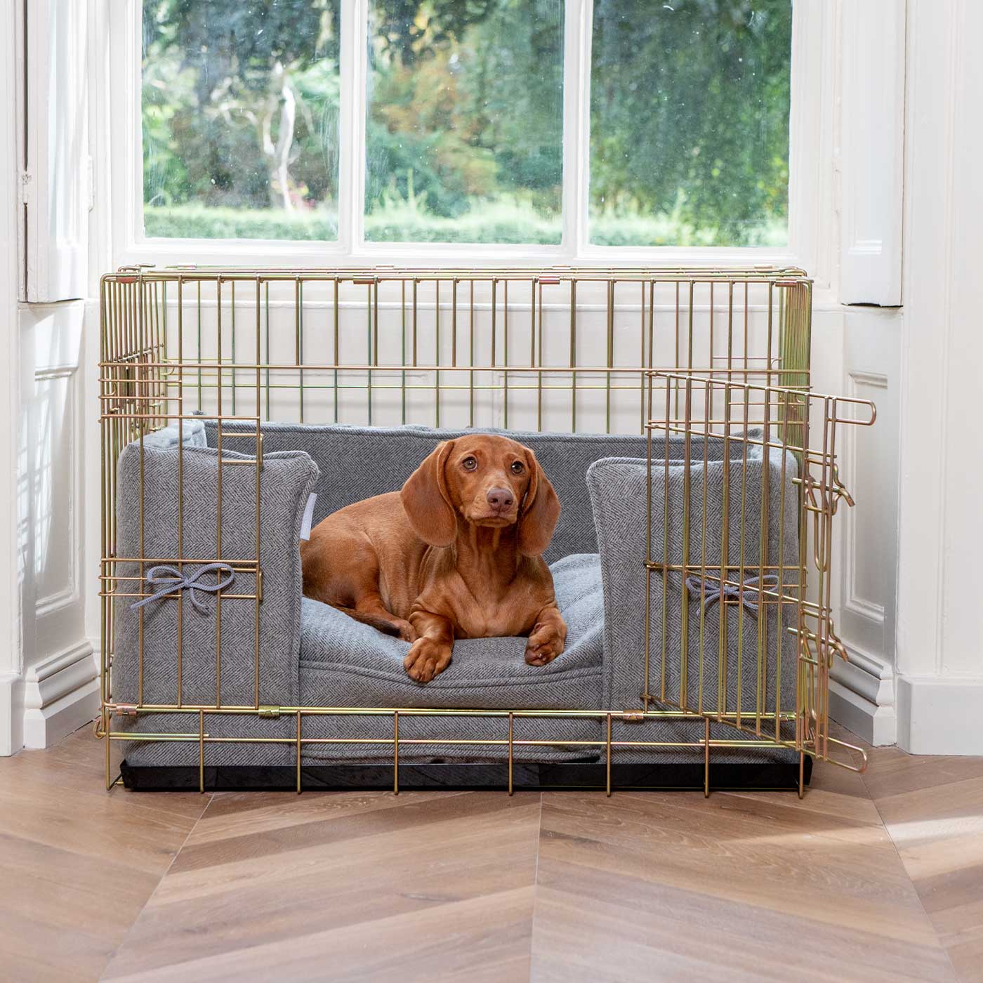 Discover our Luxury Dog Crate Bumper, in Pewter Herringbone. The Perfect Dog Crate Accessory, Available To Personalise Now at Lords & Labradors