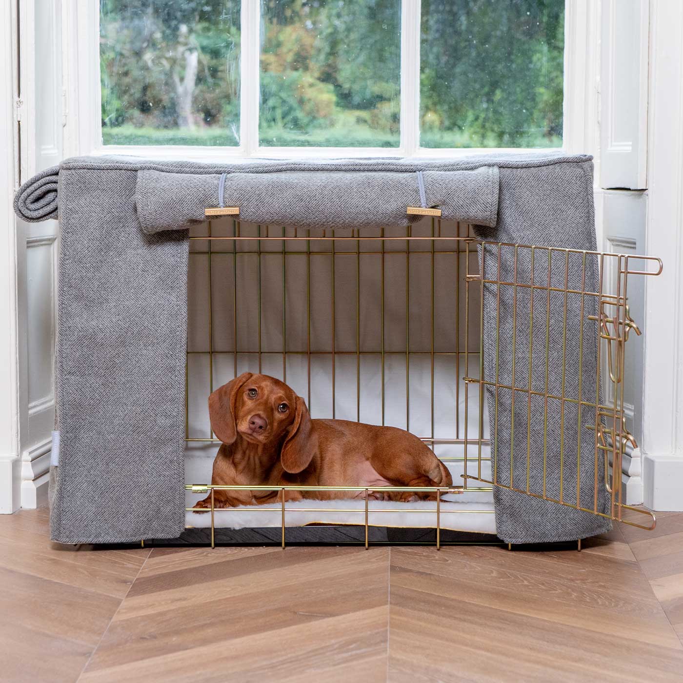Discover our Luxury Dog Crate Cover, in Pewter Herringbone. The Perfect Dog Crate Accessory, Available To Personalise Now at Lords & Labradors