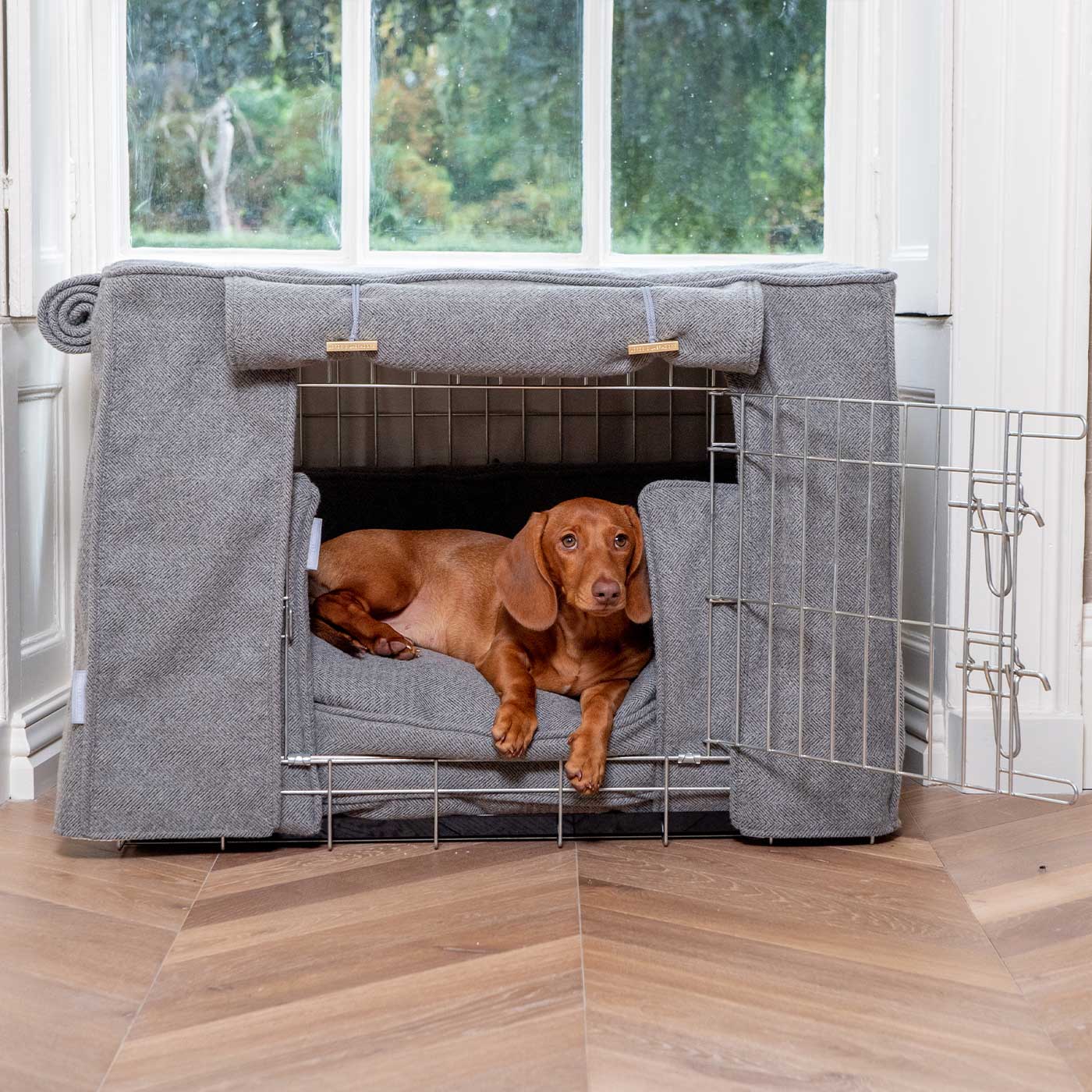 Luxury Heavy Duty Dog Crate, In Stunning Pewter Herringbone Tweed Crate Set, The Perfect Dog Crate Set For Building The Ultimate Pet Den! Dog Crate Cover Available To Personalise at Lords & Labradors