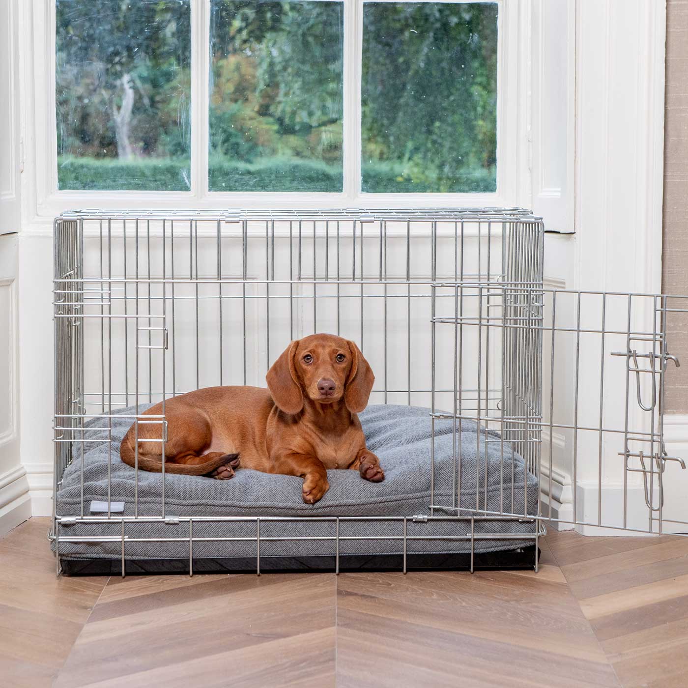 Luxury Dog Crate Cushion, Pewter Herringbone Tweed Crate Cushion The Perfect Dog Crate Accessory, Available To Personalise Now at Lords & Labradors