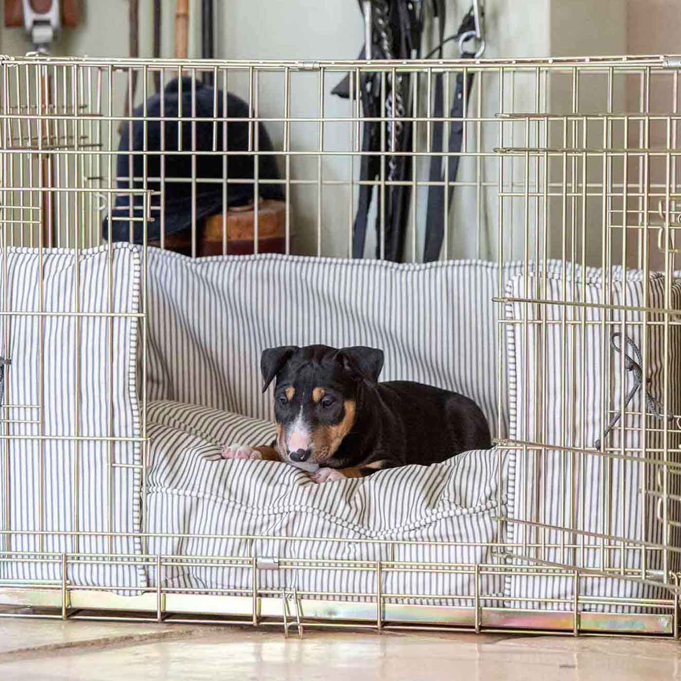 Discover our Luxury Dog Crate Bumper, in Regency Stripe. The Perfect Dog Crate Accessory, Available To Personalise Now at Lords & Labradors