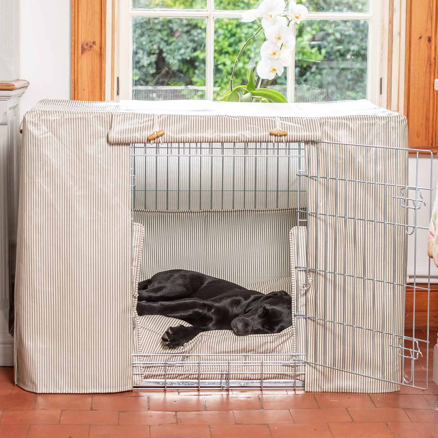 Luxury Dog Crate Cover, Regency Stripe Oil Cloth Crate Cover The Perfect Dog Crate Accessory, Available To Personalise Now at Lords & Labradors