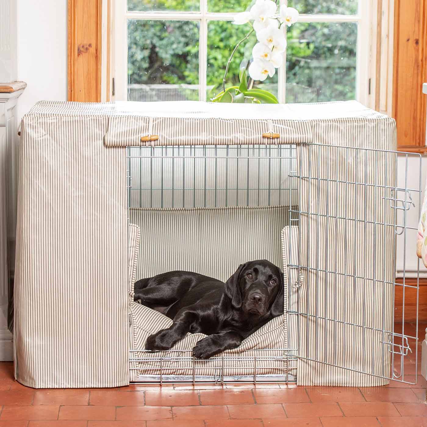 Luxury Dog Crate Cover, Regency Stripe Oil Cloth Crate Cover The Perfect Dog Crate Accessory, Available To Personalise Now at Lords & Labradors