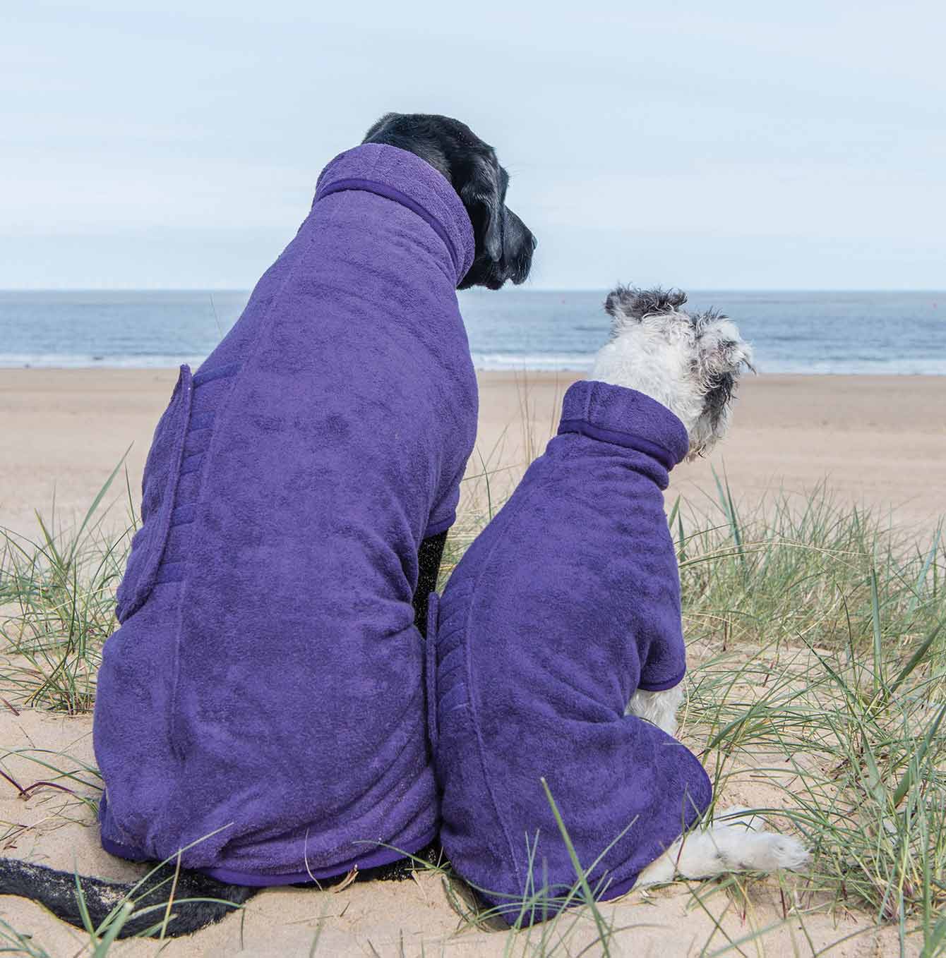 Ruff and Tumble classic drying coats in Heather worn by two dogs at the beach [color:heather]