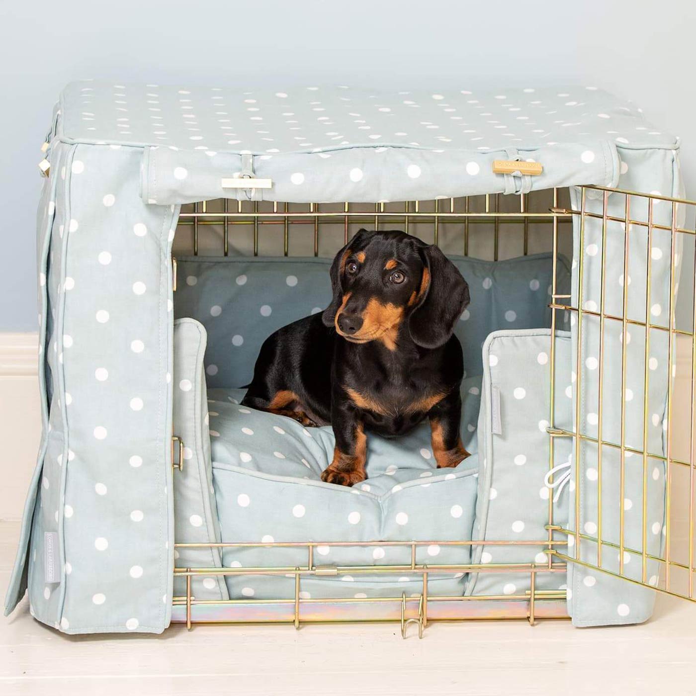 Imperfect Dog Crate Cover In Duck Egg Spot Cotton