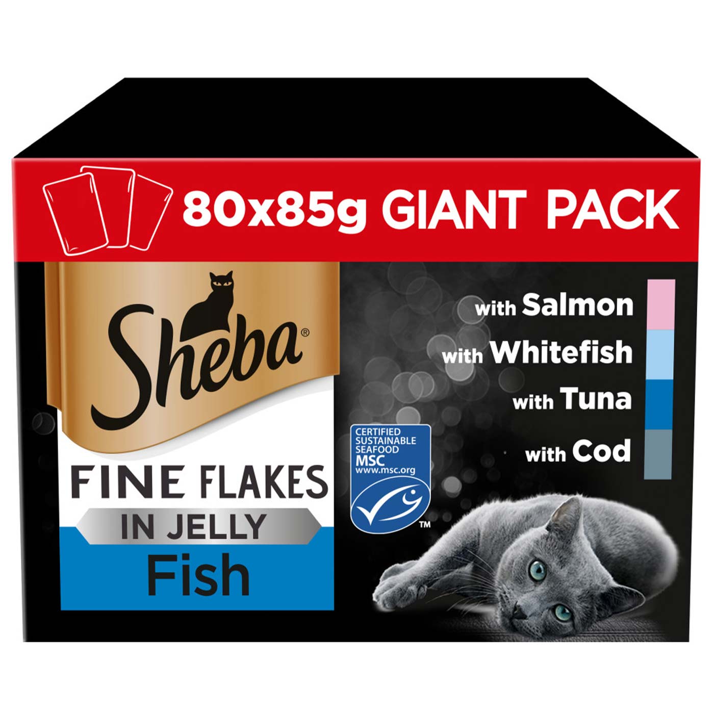 Sheba Fine Flakes Cat Pouches Fish Collection in Jelly Giant Pack (80x85g)
