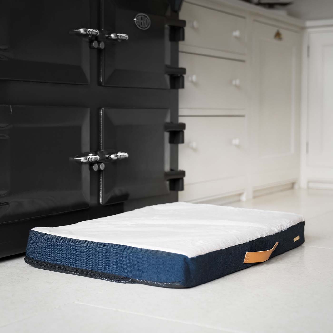 Discover the perfect dog mattress, our luxury essentials twill Orthopaedic mattress in stunning navy denim. Present to your furry friend with this Italian handmade mattress for dogs, available now at Lords & Labradors  