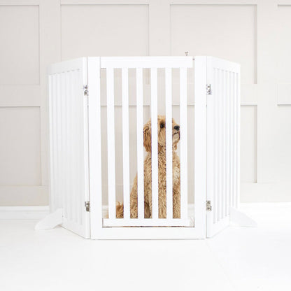 Train your new puppy with the perfect pet furniture, our super-strong wooden dog gate will ensure you set the boundaries for your furry friend, made easy to assemble featuring a walk-through gate for easy accessibility to be installed in doorways, hallways and stairs! Shop the ideal pet gate, available now in white & grey at Lords & Labradors     
