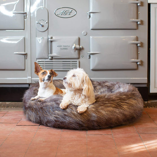 Luxury Anti-Anxiety Dog Bed, In Stunning Wolf Faux Fur, Perfect For Your Pets Nap Time! Available Now at Lords & Labradors 